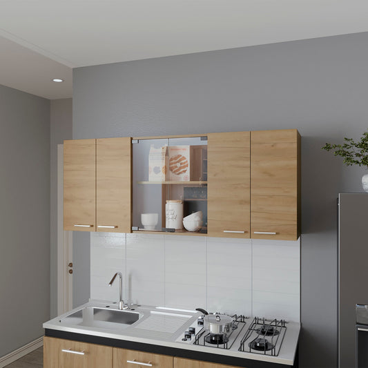 Lydia Wall Cabinet kitchen in Melamine wit 4 Doors  and Glass Storage, Natural Oak