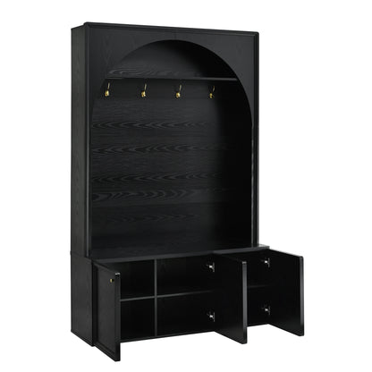 ON-TREND Farmhouse All-in-One Hall Tree with Adjustable Shelves, Retro Arched Entryway Storage Bench with 3 Cabinets – Black