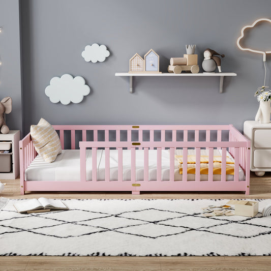 Twin Size Floor Bed with Fence without Door, Rubber Wood Floor Bed with Safety Guardrails,Pink