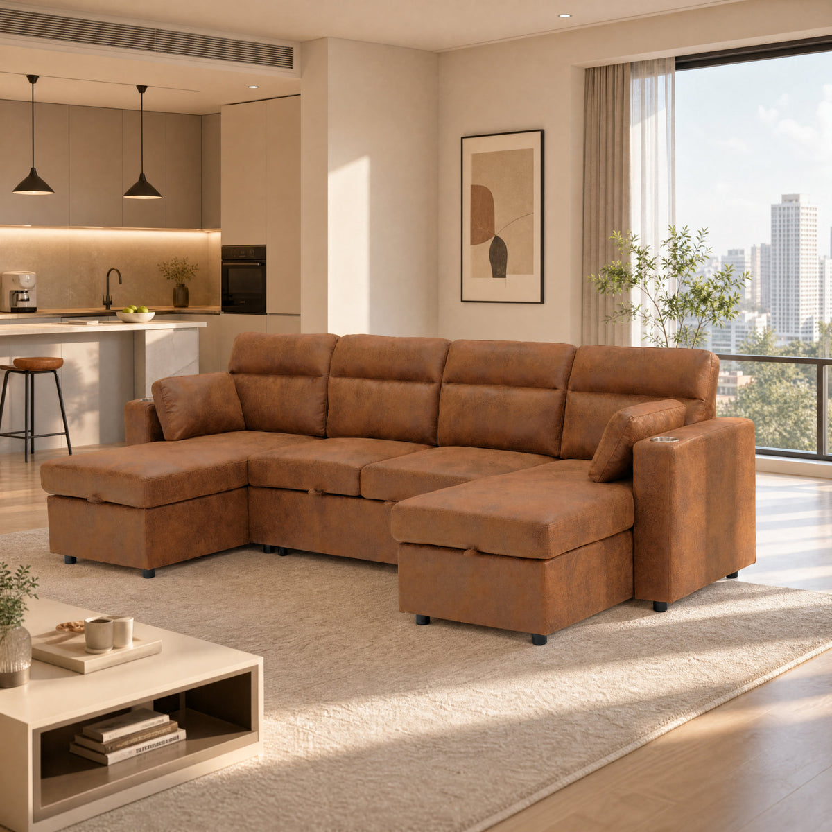 Convertible U-Shaped Sectional Sofa Bed with Double Storage Chaises, Pull-Out Sleeper, Cup Holders, and Lumbar Pillows