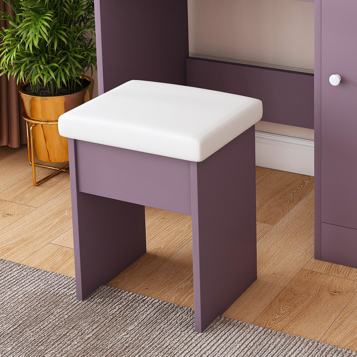 Modern Purple Vanity Desk Set with Padded Stool and Adjustable LED Mirror, 3 Color Light Modes, MDF Construction