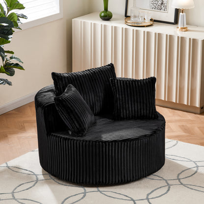 Oversized Round Swivel Accent Chair with Plush Upholstery & Matching Throw Pillows-Black