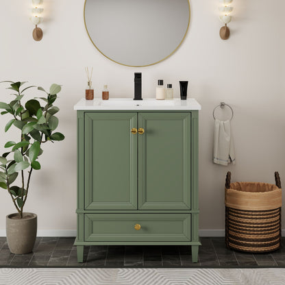 27.8" Modern Bathroom Vanity Set with Reinforced Legs & Painted Surface, Mid-Century Freestanding Bathroom Vanity Sink with Storage, High-end Restroom Vanity Cabinet with Drawer& Hidden Storage Shelvs