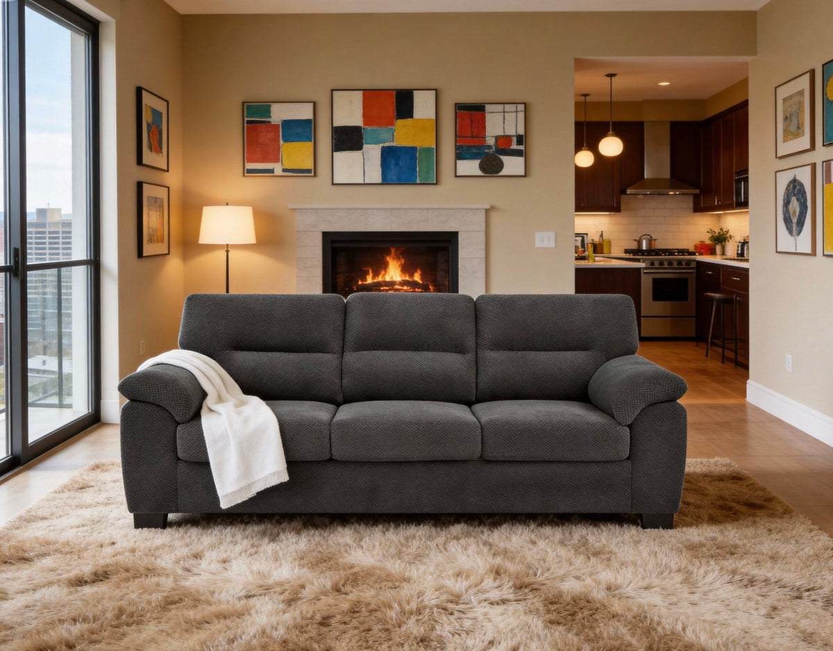 3-Seater Sofa, Dark Gray Upholstered Couch, Modern Living Room Furniture, Textured Fabric Sofa, Minimalist Settee, Comfortable Armchair, Sturdy Frame Sofa