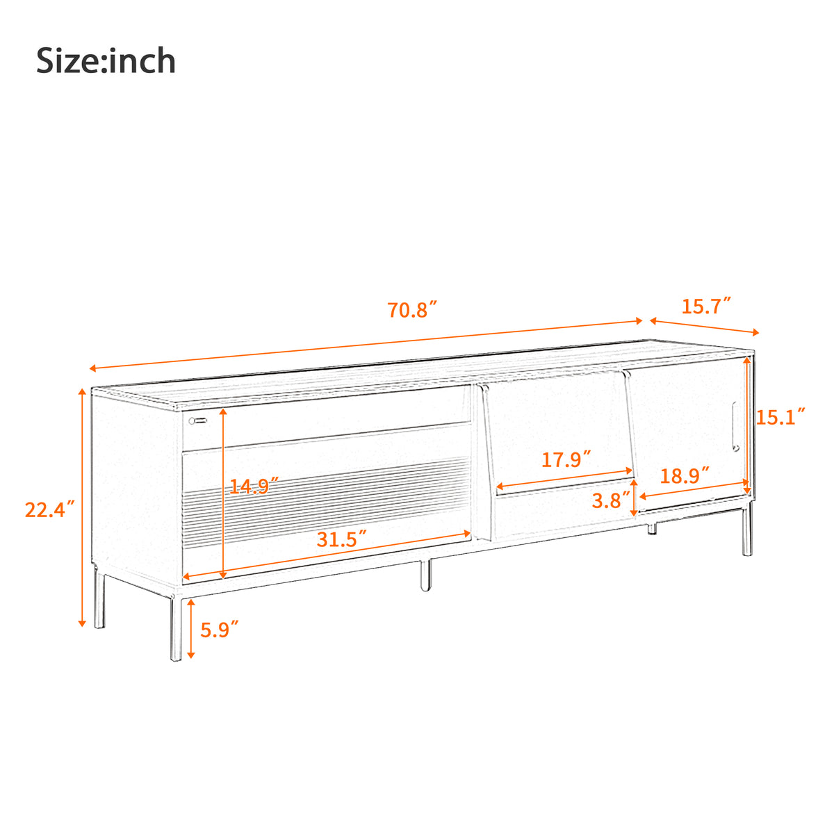 U-Can 70.8'' Modern TV Stand for TVs up to 75 Inches, Entertainment Center with Storage Space, Sliding Doors, Adjustable Shelves and Metal Frame, Mid Century Modern Media TV Console Table for Living R