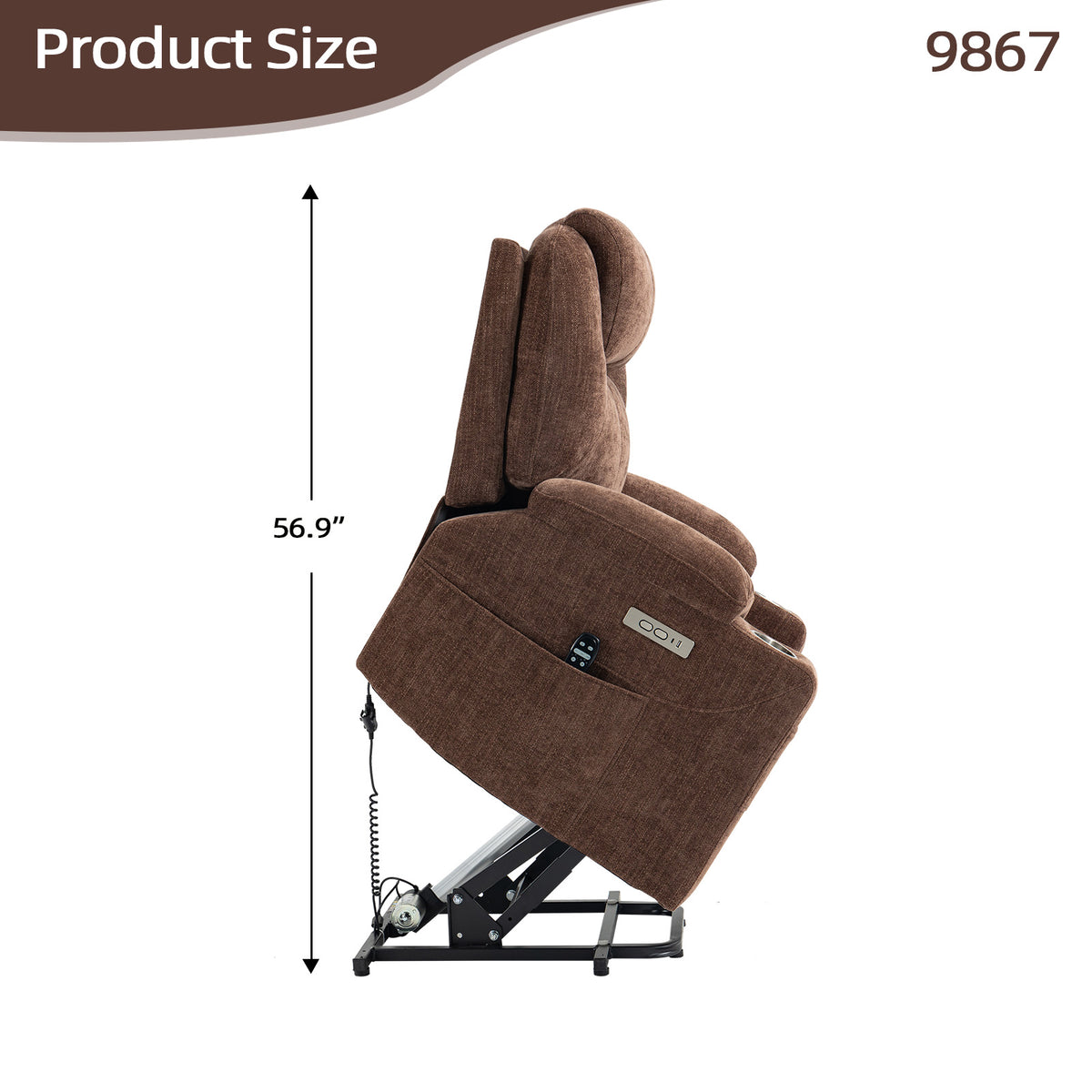 Up to 350 LBS Chenille Power Lift Recliner Chair, Heavy Duty Motion Mechanism with 8-Point Vibration Massage and Lumbar Heating, USB and Type-C Ports, Stainless Steel Cup Holders, Brown