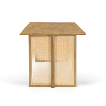 Natural Rubber Wood Dining Table with Natural Plastic Rattan Accents – 70.87''L Indoor Kitchen Table, 800 lbs Capacity