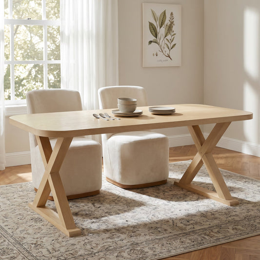 Natural Oak Veneer Dining Table with X-Shaped Rubber Wood Legs, 68.75'' L Rectangular Indoor Dining Table, 200 lbs Capacity