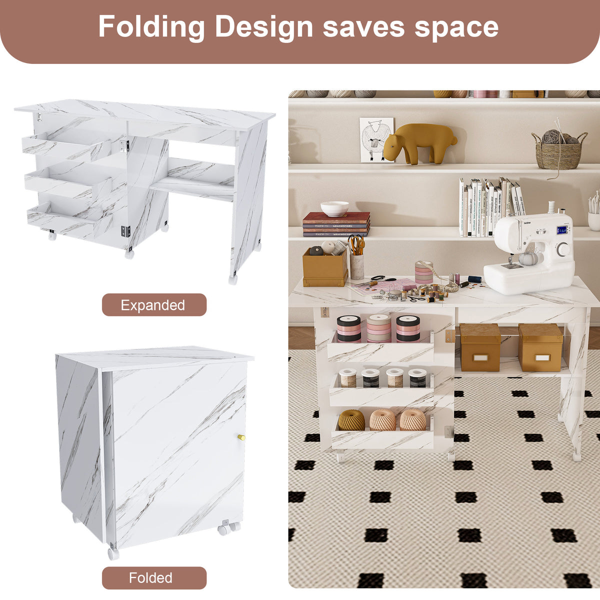 4-in-1 Folding Sewing Table with Lockable Wheels – Multi-Functional Craft Station, End Table, Computer Desk & Kitchen Storage with Shelves, White Rolling Sewing Machine Table for Apartments