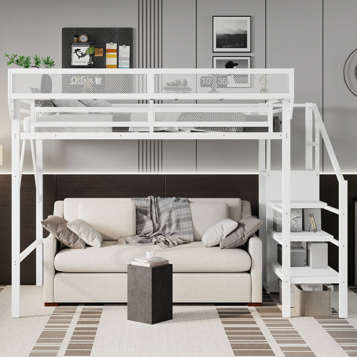 Twin XL Size Loft Bed with Stairs, Metal Full Loft Bed with Storage Shelves, High Loft Bed with Wardrobe for Kids Teens,White(Old Sku W2580S00050)