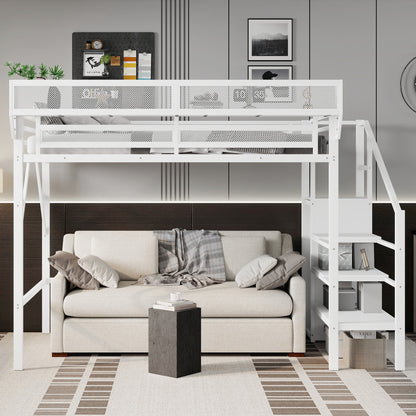 Twin XL Size Loft Bed with Stairs, Metal Full Loft Bed with Storage Shelves, High Loft Bed with Wardrobe for Kids Teens,White(Old Sku W2580S00050)