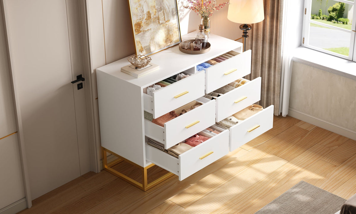 Modern 6 Drawer Dresser with Gold Metal Legs, Large Storage Chest of Drawers for Bedroom, Contemporary Wood Cabinet with Gold Handles, High-gloss White Finish
