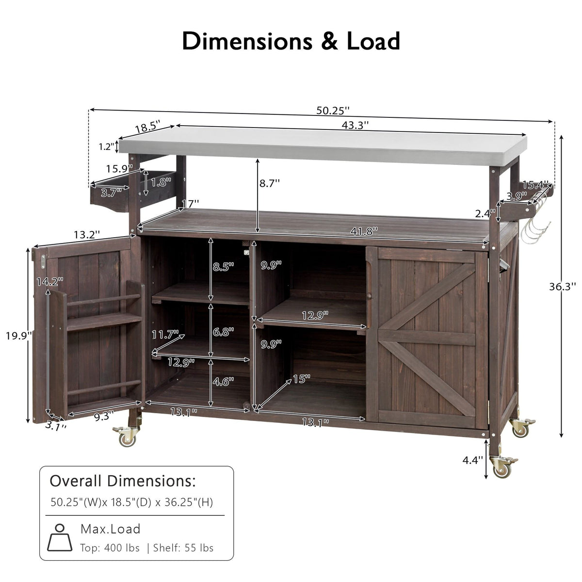 K&K Outdoor Kitchen Island, Rolling Bar Cart & Storage Cabinet, Farmhouse Solid Wood Outdoor Grill Table with Stainless Steel Top – Brown