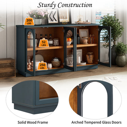 TREXM 4-Door Large Storage Buffet Cabinet with Glass Doors, Arched Cabinet with Adjustable Shelves - Navy
