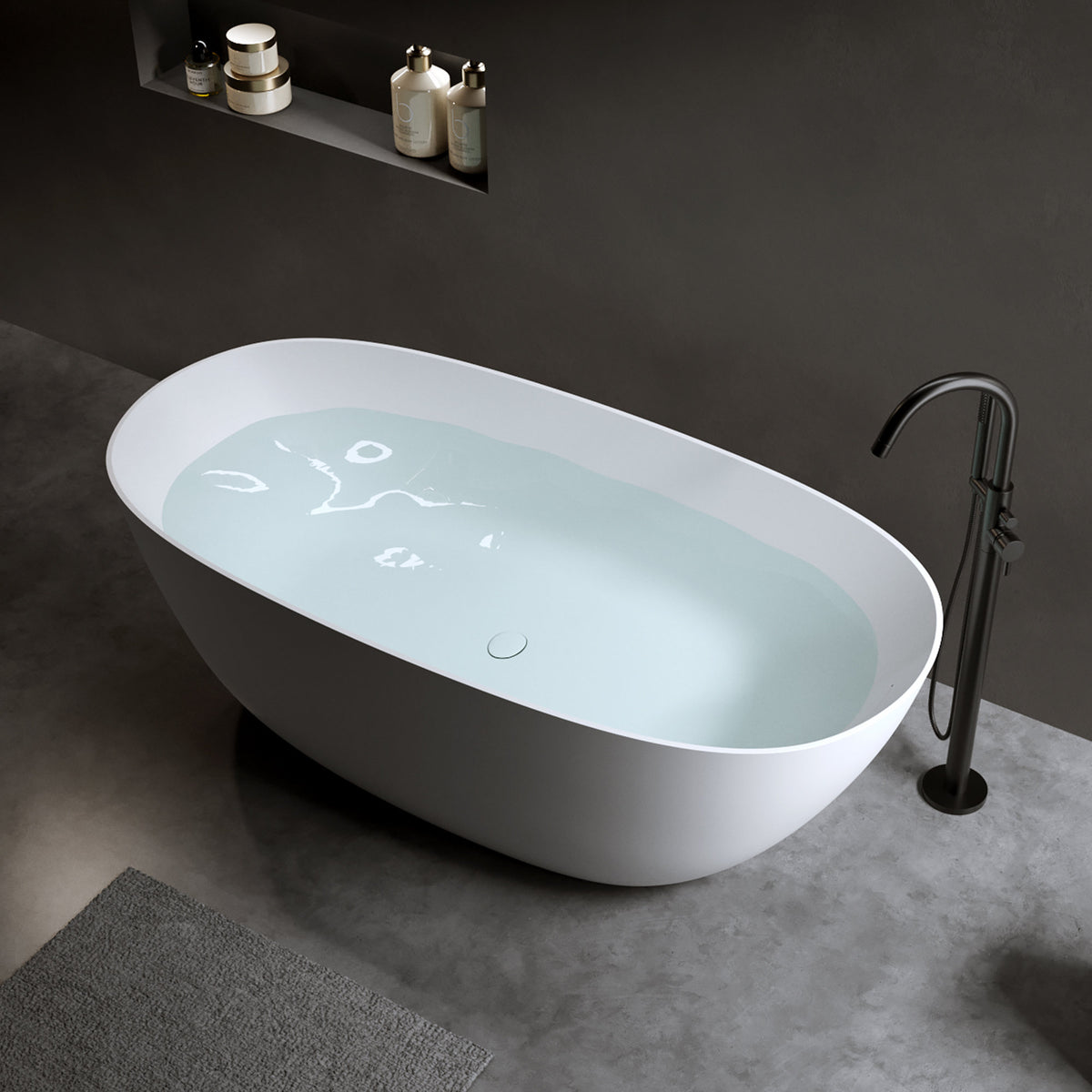 65'' Freestanding Bathtub Resin Stone Soaking Bathtub Solid Surface Modern Tubs with Overflow and Pop-up Drain in White