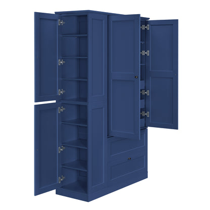 TOPMAX 73.6" Tall Farmhouse Kitchen Pantry Cabinet with 8 Shelves, 2 Drawers, 3 Pull-Out Trays, 4 Doors and Side Cabinets, Blue
