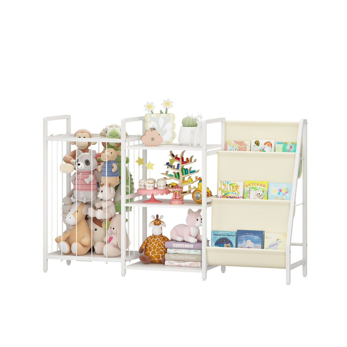 Kids Bookshelf and Toy Storage, 3-in-1 Book Shelf for Kids Rooms, Sling Baby Bookcase with Stuffed Animal Storage, Toddler Montessori Bookshelf for Nursery, Playroom, Kindergarten, White