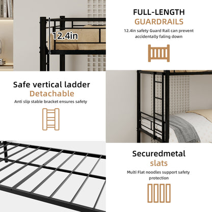 Heavy-duty Sturdy Metal Twin over Twin Bunk Bed with Noise Reduction, Safety Guardrail, No Box Spring Needed, Black