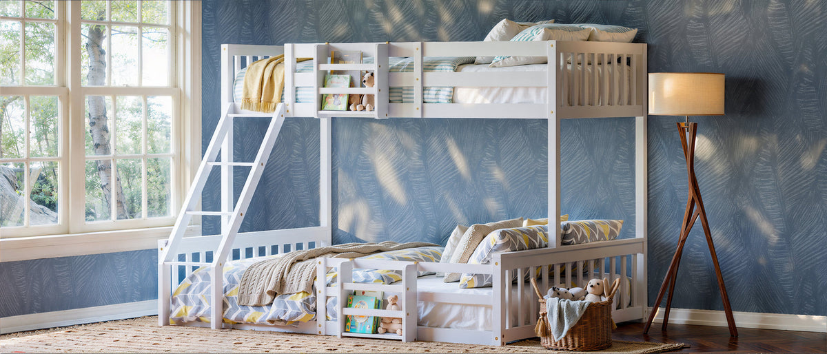 Twin Over Full Floor Bunk Bed with Ladder and Bookshelf, Space-Saving, Noise-Free, No Box Spring Needed,White