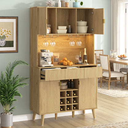 U_Style 72.2" High Kitchen or Bar Cabinet with Electrical Outlet and LED Light, Wine Bottle Storage with Nine-Grid Wine Rack,Multi-Functional Home Sideboard for Dining Room, and Hallway