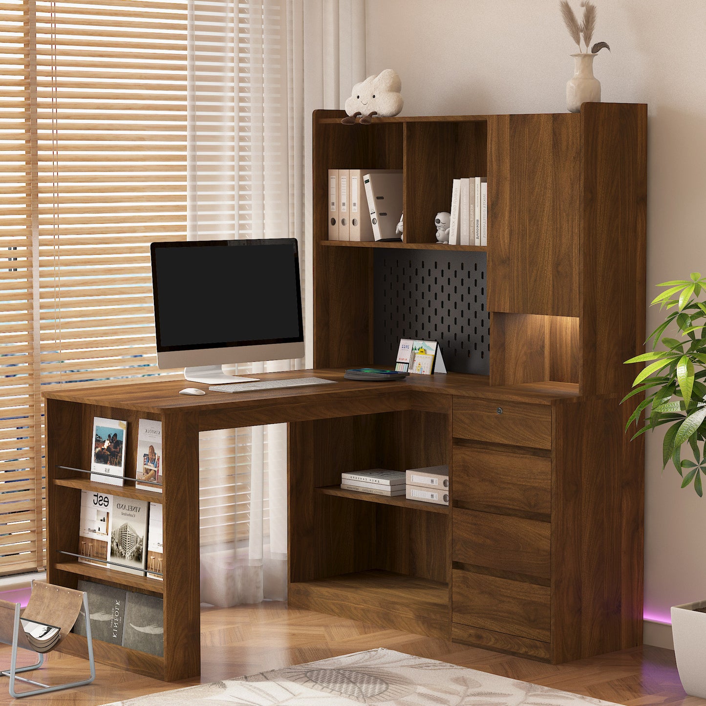 L Shaped Desk with Charger,Computer Desk with Drawers,Bookshelf, with LED Light,Modern Corner Desk,Home Office Desk,L-Shaped Study Table Writing Desk,Corner Gaming Computer Desk with Storage