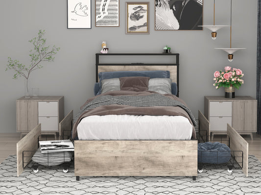Twin Bed Frame, Storage Headboard with Charging Station, Solid and Stable, Noise Free, No Box Spring Needed, Easy Assembly