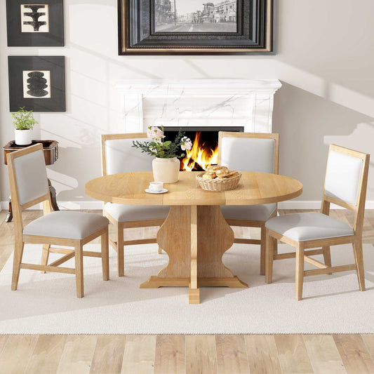 TREXM Farmhouse 5-Piece Dining Table Set with 4 Upholstered Chairs, Wood Extendable Dining Table with 15.7" Leaf for Extra Seating - Natural Wood Wash