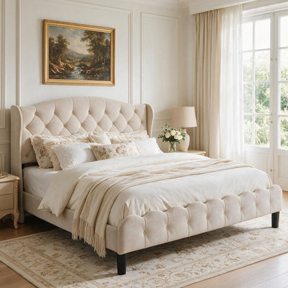 King Size Upholstered Platform Bed Frame with Velvet Tufted Headboard, Heavy Duty Metal Slats Support, No Box Spring Needed, Modern Wingback Design, Cream Beige