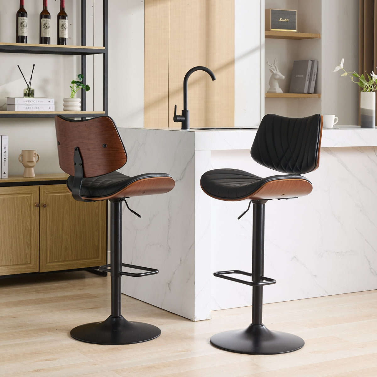 Walnut Bentwood Bar Stools Mid Century Modern Adjustable Counter Height Black Leather Upholstered 360°Swivel Bar Chairs for Kitchen – Model W1143P173514