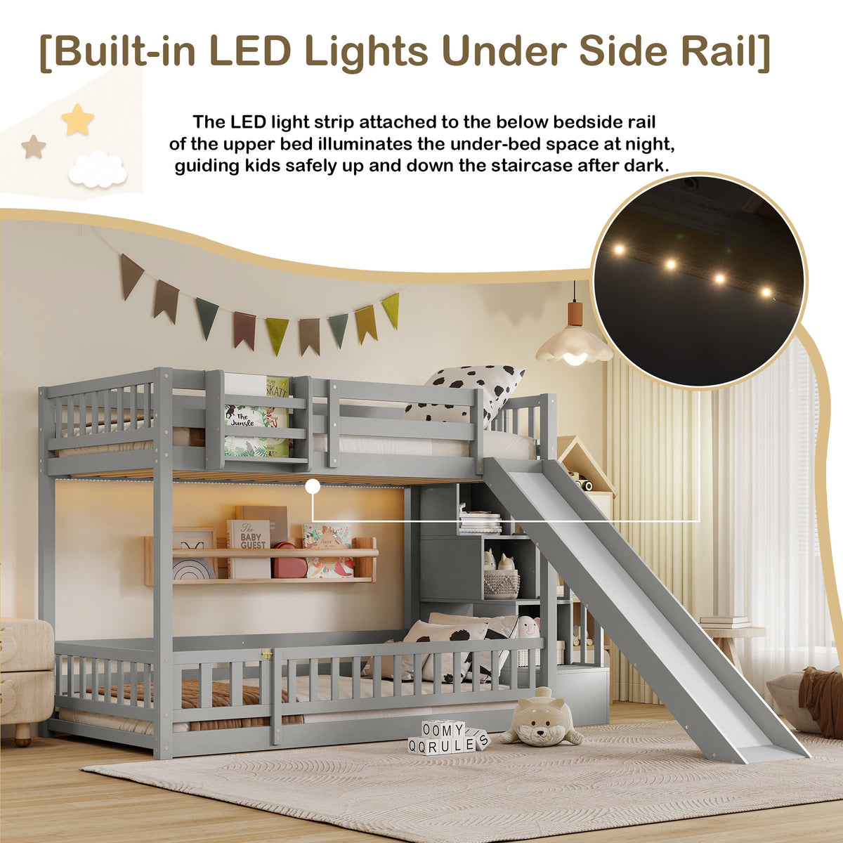 Twin Over twin Bunk Bed with Slide, Storage Staircase, Bedside Storage Rack,LED lights,Pine Solid Wooden Bunk Bed with Safety Guardrails ,Grey