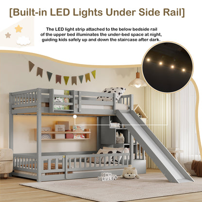 Twin Over twin Bunk Bed with Slide, Storage Staircase, Bedside Storage Rack,LED lights,Pine Solid Wooden Bunk Bed with Safety Guardrails ,Grey