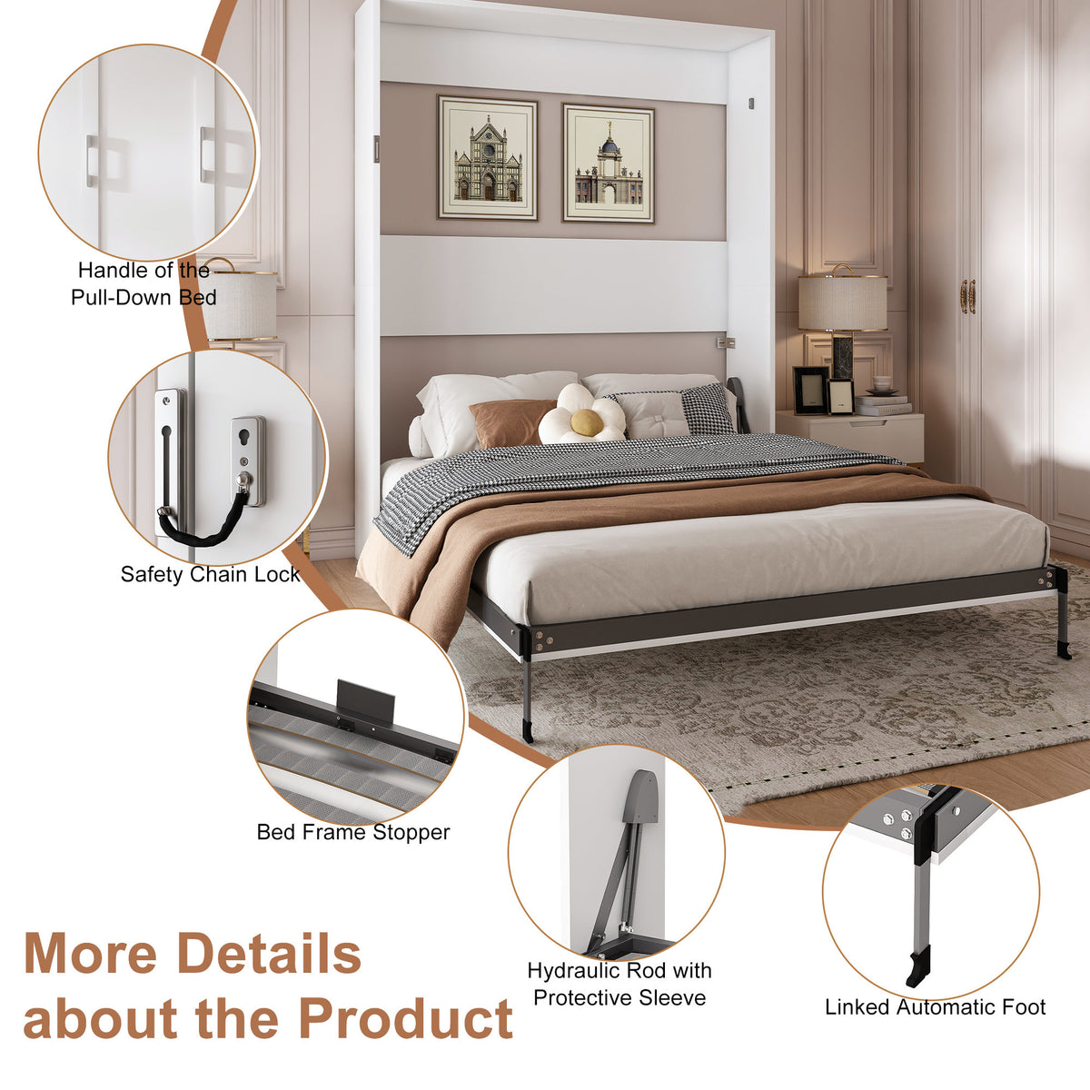Queen Murphy bed, 65-inch foldable wall bed, with metal bed frame, solid wood support slats, concealed bed frame, with safety lock mechanism,suitable for bedrooms and guest rooms, white