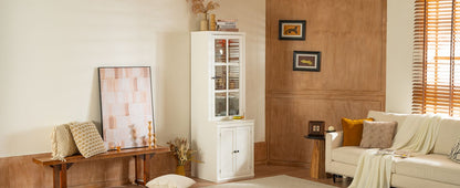 75.25'' Tall Freestanding Pantry Cabinet with Glass Door & Lattice Window, Farmhouse Display Cabinets with Storage, Hutch with Double-Action LH&RH Door, for Hallways, Livingroom Kitchen & Office,White