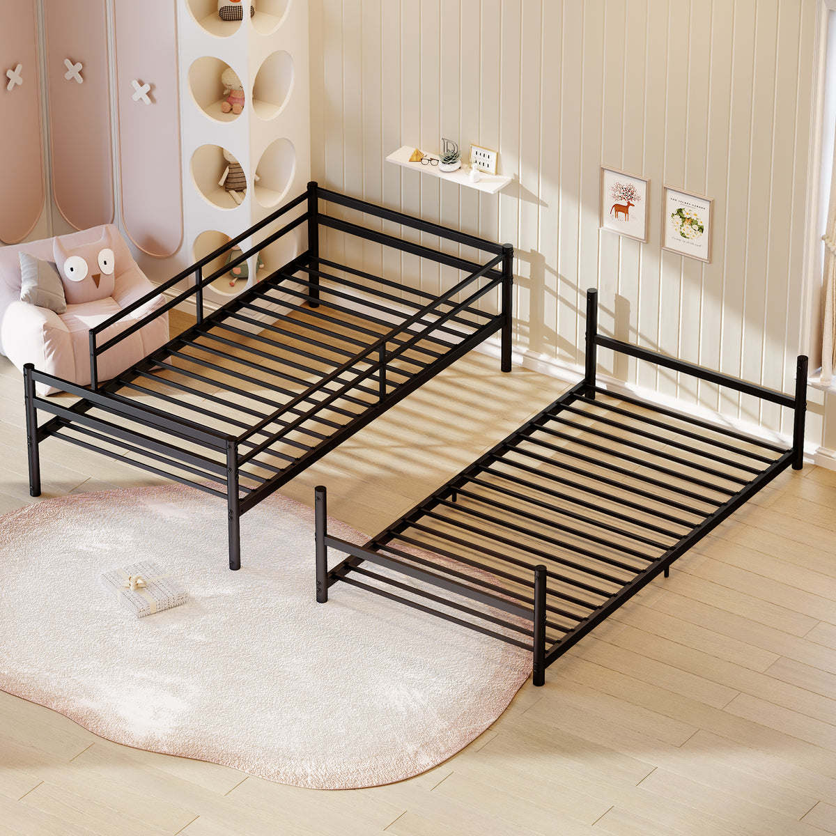 Heavy Duty Metal Twin Over Twin Bunk Bed, Convertible to 2 Separated Twin Beds, Noise-Free Steel Frame with Rubber Anti-Slip Ladder & 11.3" Guardrails, 400/485 LBS Weight Capacity, Black