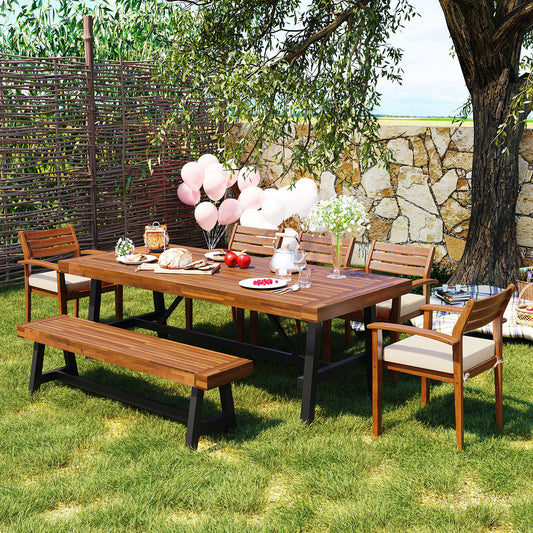 GO Outdoor Wood Dining Set For 7-8 Person, Outdoor Dining Furniture With Removable Cushions, Ergonomic Chairs And Bench, Thicker Table