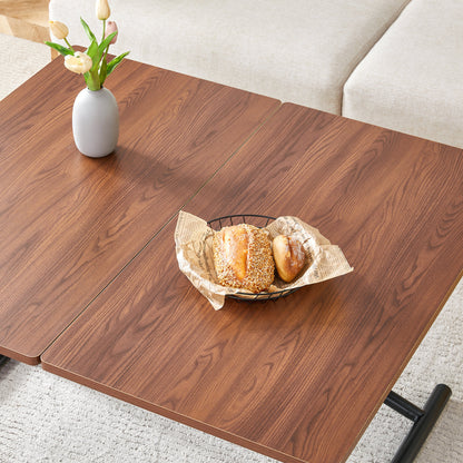 Modern minimalist multifunctional lift table with 0.8 inch thick MDF desktop and black metal legs, can be used as a dressing table, coffee table, dining table, and office table.Walnut textured desktop