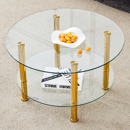 Contemporary Minimalist Double Layer Tempered Glass Coffee Table - 27.5' Top and 23.6' Bottom.Reinforced Glass Tabletop,Stainless Steel Golden Plated Legs.