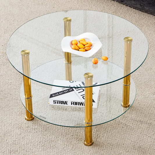 Contemporary Minimalist Double Layer Tempered Glass Coffee Table - 27.5' Top and 23.6' Bottom.Reinforced Glass Tabletop,Stainless Steel Golden Plated Legs.