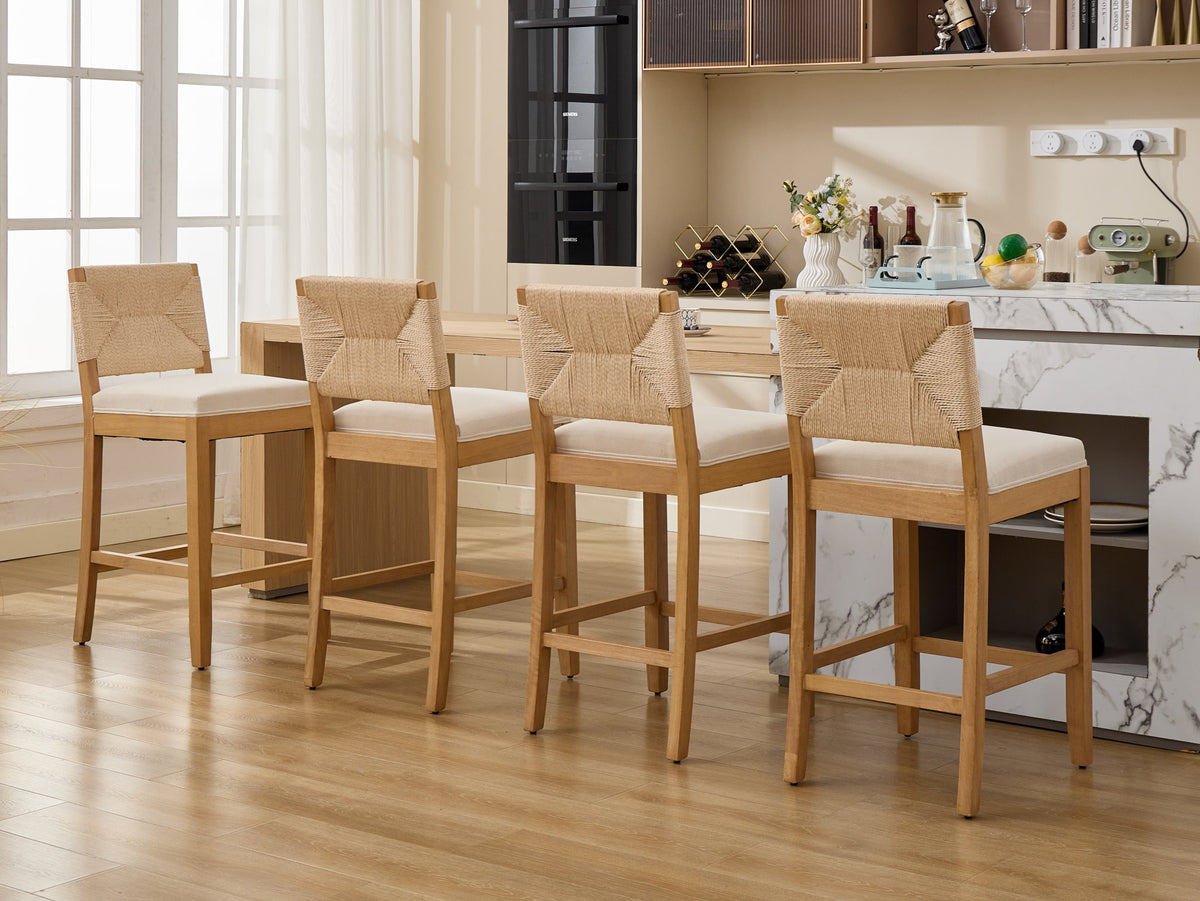Hand‑Woven Rattan Counter Height Bar Stools Set of 2, 27 Inch Seat Height, Linen Upholstered Barstools with S‑Spring & High‑Density Sponge Cushion, Solid Wood Frame for Kitchen Island,SW1872MT