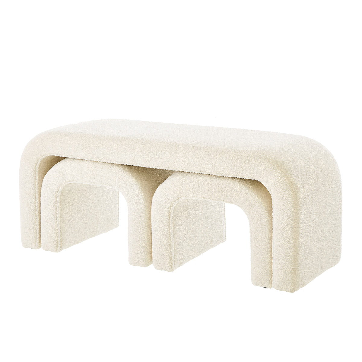 Set of 3 U-Shaped Modern Bench Teddy  Ottoman Bench for Entryway, Bedroom End of Bed, Set of 3 Small Sofa Footrest Extra Seating for Living Room, 44+18 Inch Bench Bench & Ottoman- Cream