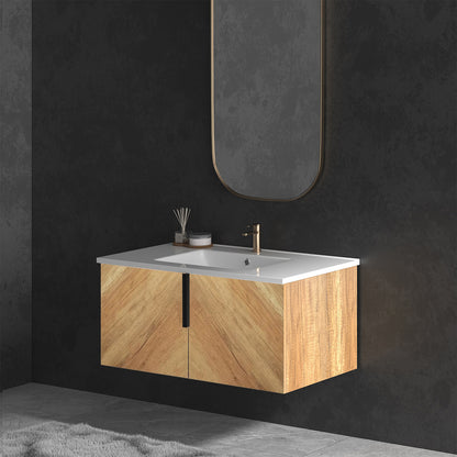 36 Inch Bathroom Vanity Cabinet With Engineered Stone Sink - Golden Oak Wall Mounted Floating Vanity With Doors, Modern, With Drain, No Faucet(W3520P455325+W3520P416667=W3520S00074)