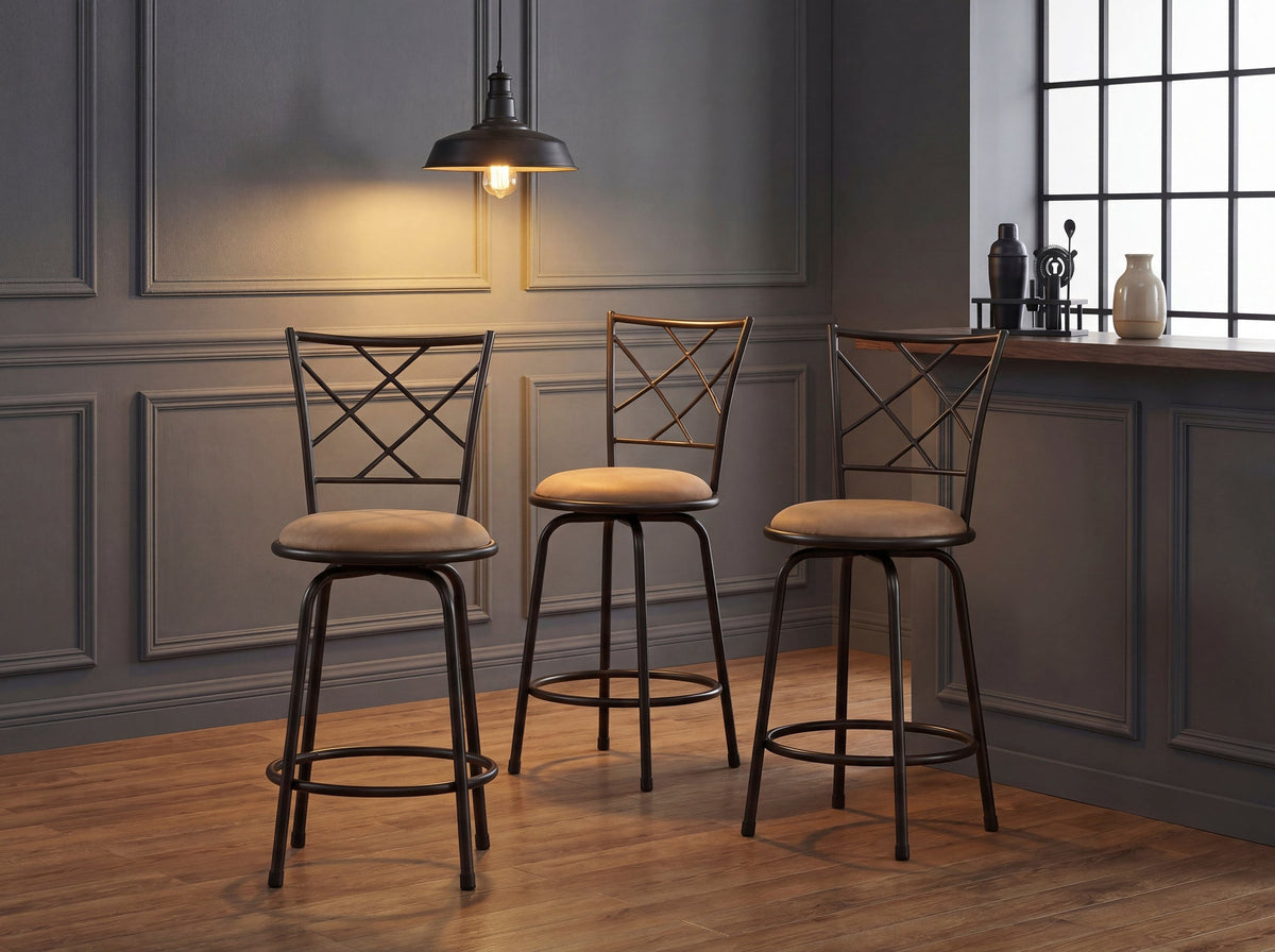 Set of 3 Convertible Chairs Swivel Counter Height, Pub Height Bar Stools Plush Rotating Seats Iron Frame Dark Brown Traditional Dining Furniture
