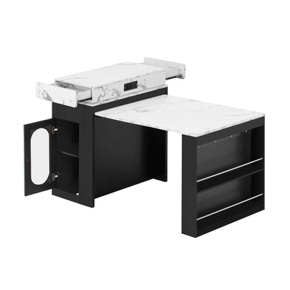 [VIDEO] TREXM Extendable Dining Table with Folding Tabletop, Bar Table with Drawers and Power Outlet, Kitchen Island with Wheels and Hooks, Sideboard for Kitchen and Dining Room (Black+Marble White)