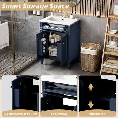 Modern Blue Bathroom Vanity with 2 Doors and Tip-Out Drawer, Ceramic Sink, Soft-Closing Hinges, Solid Wood Frame, 24'