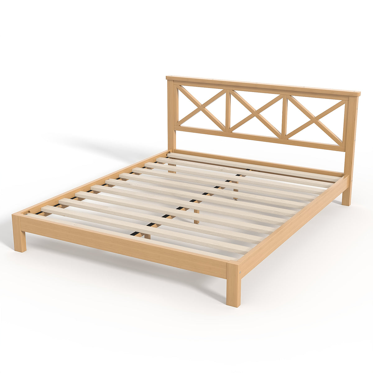 Queen Platform Bed with ''X'' Design Headboard, Bamboo-made Bed Frame Queen Size with Suppport Slats, Mid-century Style, Natural