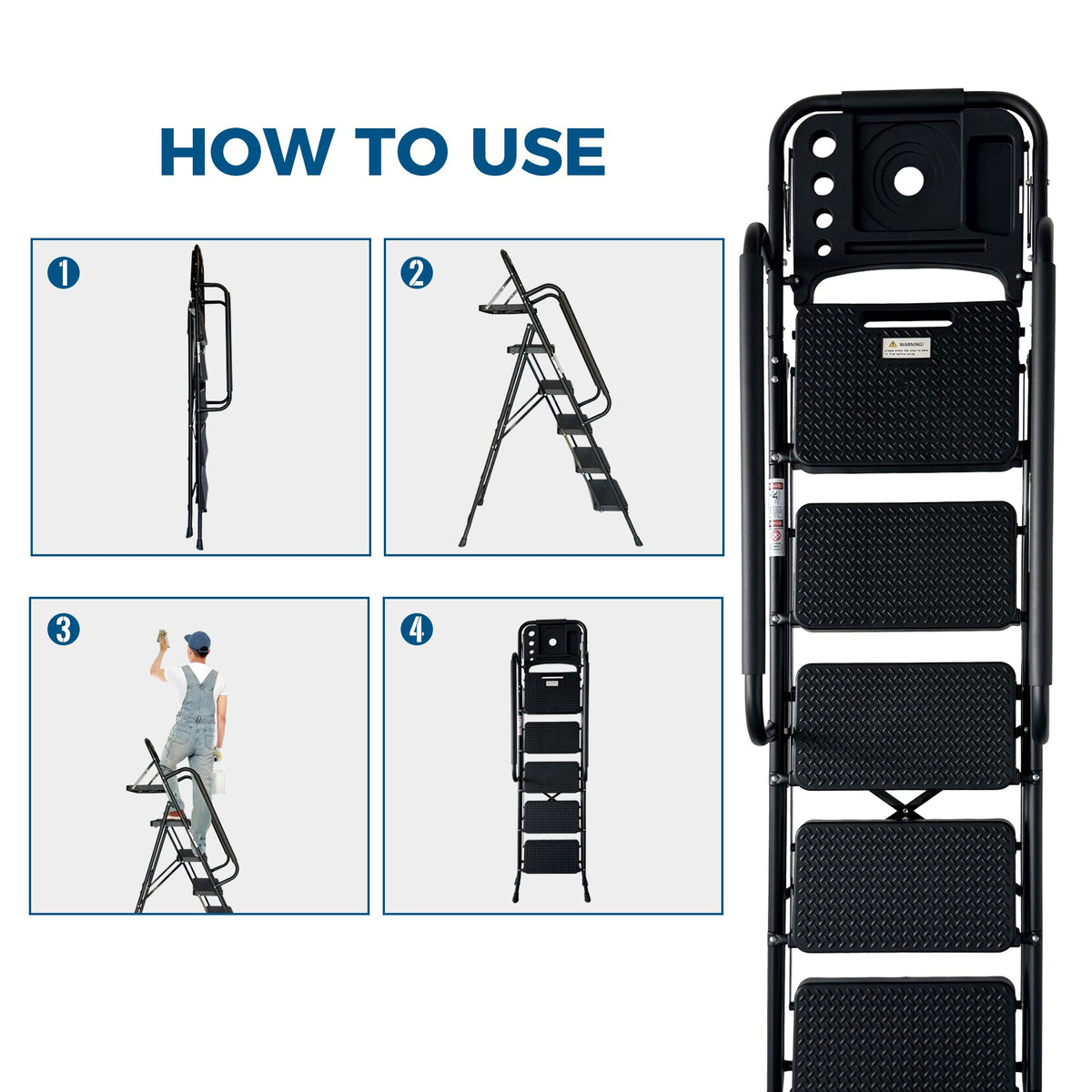 Step Ladder, Folding Step Stool with Wide Anti-Slip Pedal, Sturdy Steel Ladder, Convenient Handrail, Lightweight, Portable Steel Step Stool