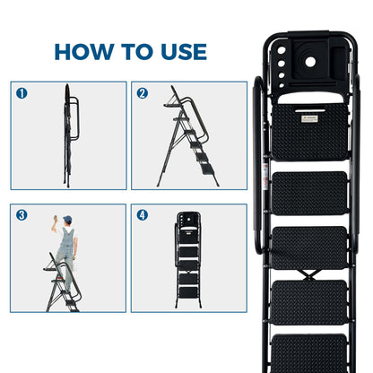 Step Ladder, Folding Step Stool with Wide Anti-Slip Pedal, Sturdy Steel Ladder, Convenient Handrail, Lightweight, Portable Steel Step Stool