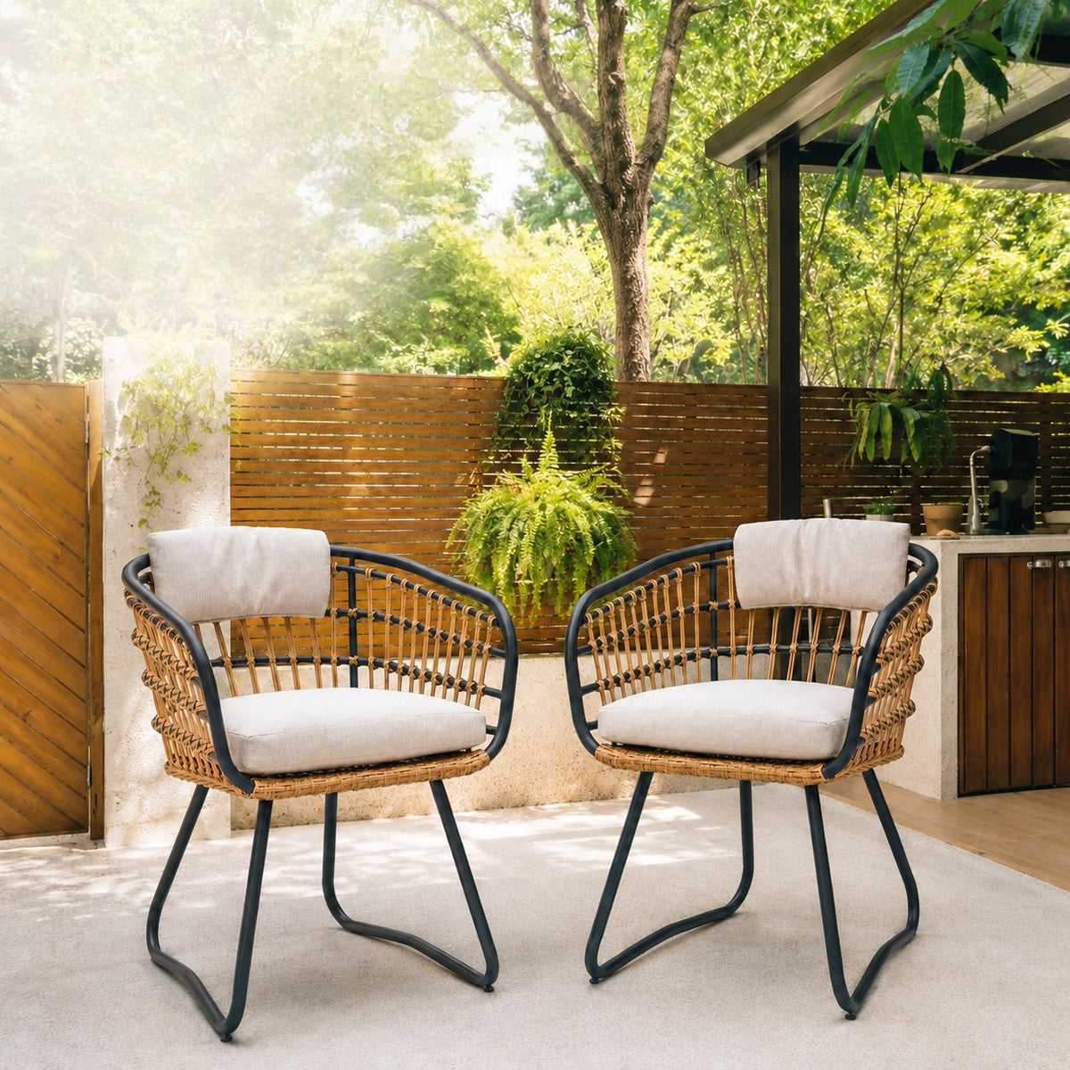 Beige PE Rattan Dining Chairs Set of 2 with Cushions, Outdoor Wicker Armchairs for Garden, Lawn, Poolside, Backyard, Porch