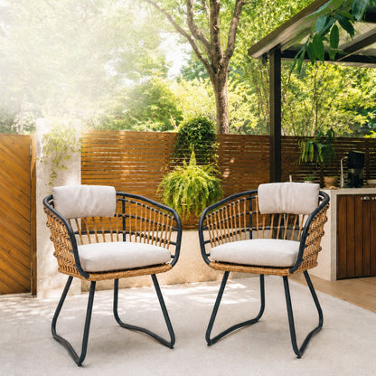 Beige PE Rattan Dining Chairs Set of 2 with Cushions, Outdoor Wicker Armchairs for Garden, Lawn, Poolside, Backyard, Porch