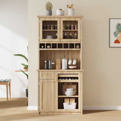 [Assembly Video Provided] TOPMAX Farmhouse 35.4x17.7x74.8inch Freestanding Buffet with Hutch – Natural
